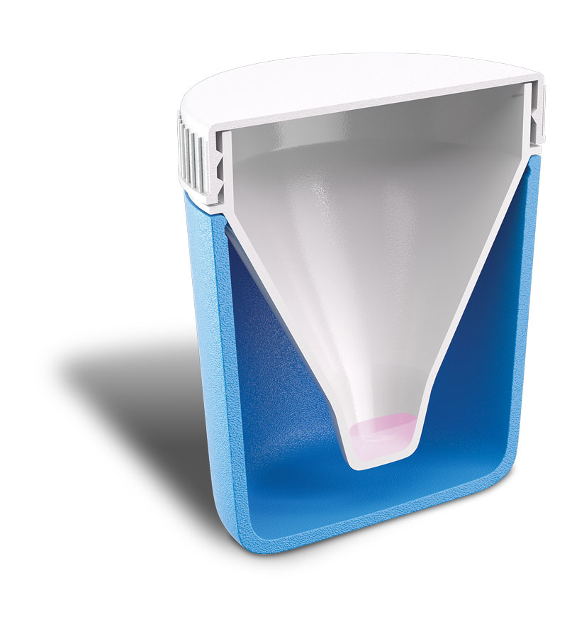 How ProteX works: ProteX container cross-section shows the gentle funnel, well, and media.