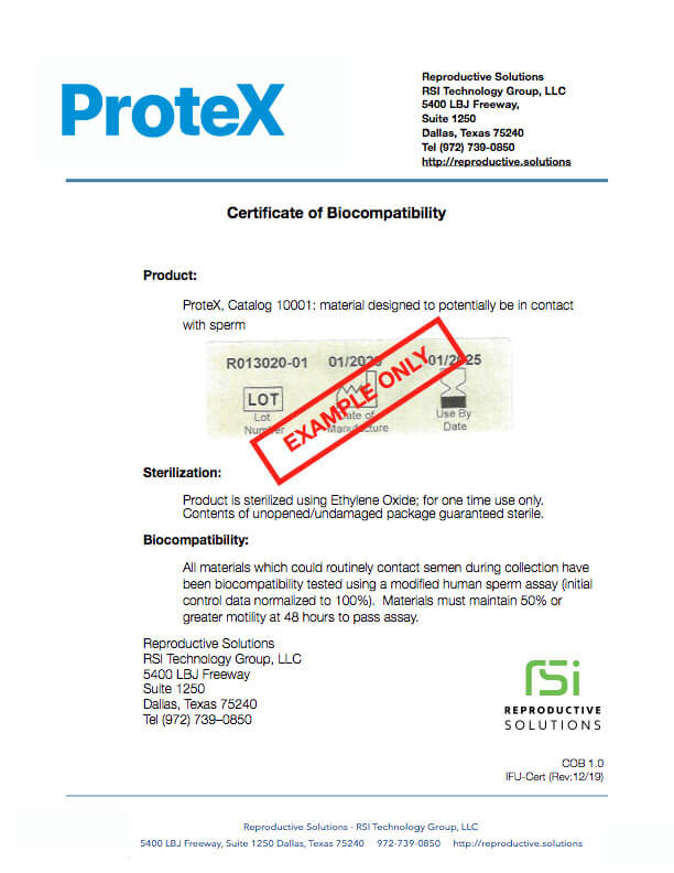 Example of ProteX Biocompatibility Certificate